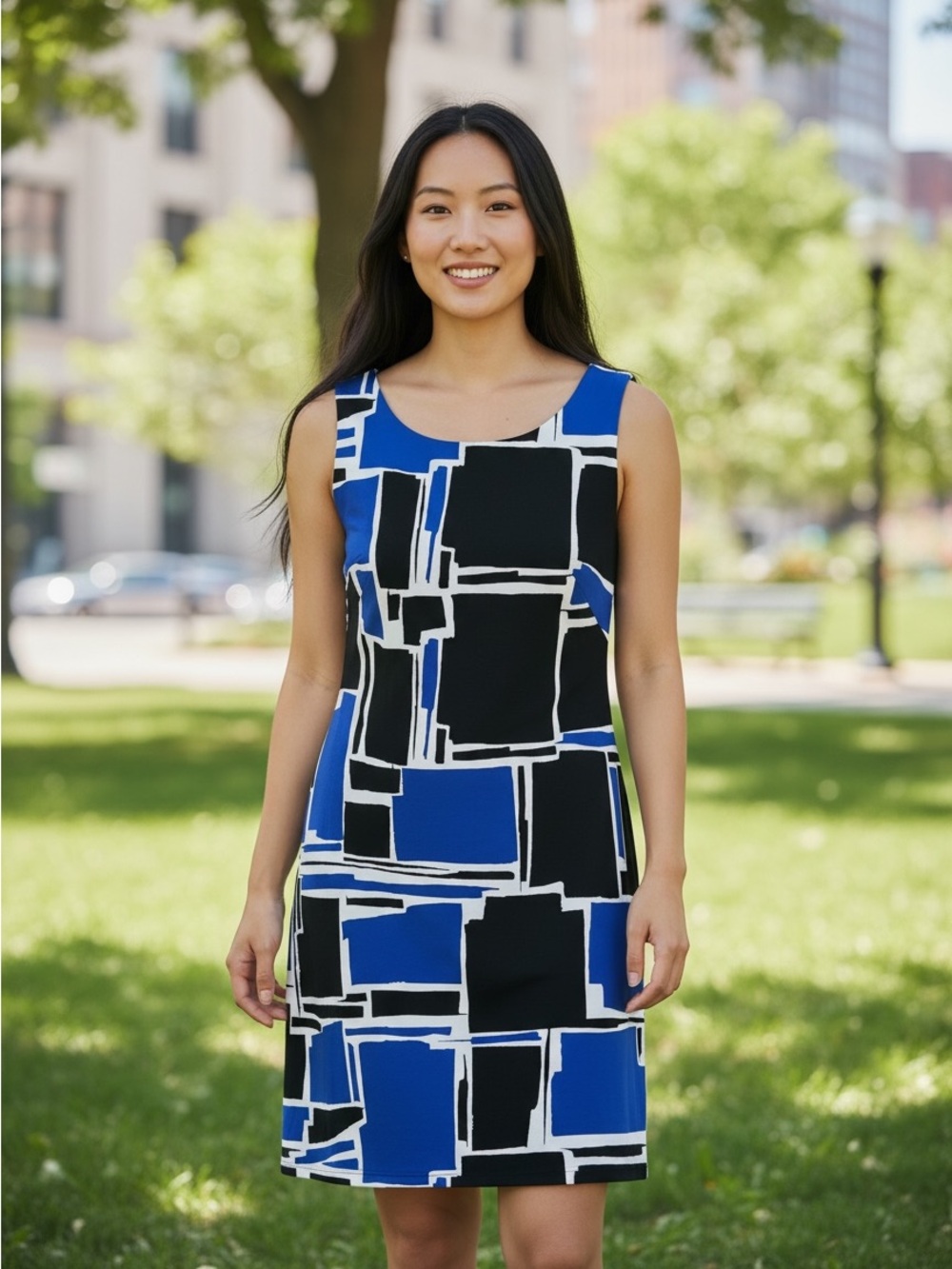 Lauren Ralph Lauren Blue, Black & White Geometric Midi Dress